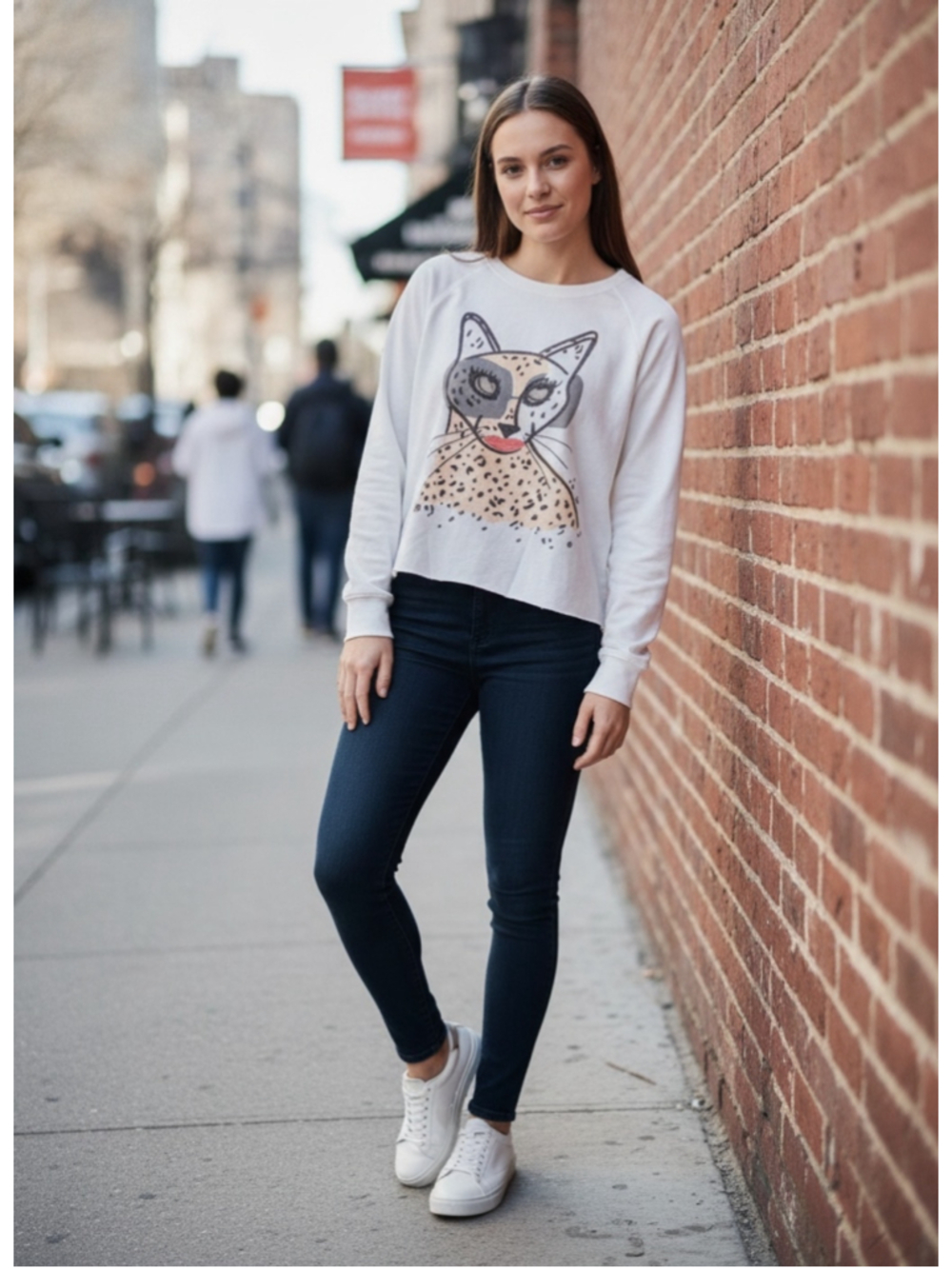 Wildfox Happy Cat Face Graphic Sweatshirt Women’s Size XL Ivory